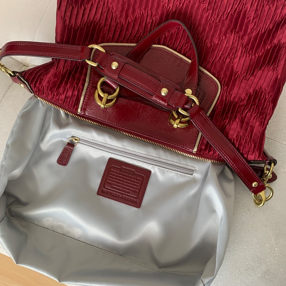 Coach Ashley Gathered Satin and Patent Leather Satchel in Bordeaux Med. Burgundy - Picture 14 of 16